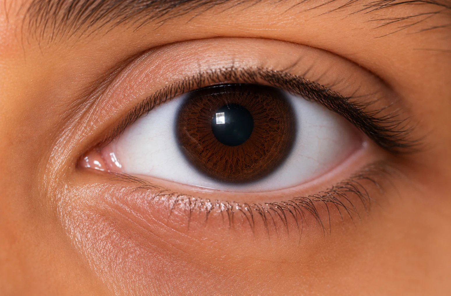 A calm, clear, white eye representing comfortable vision after dry eye treatment