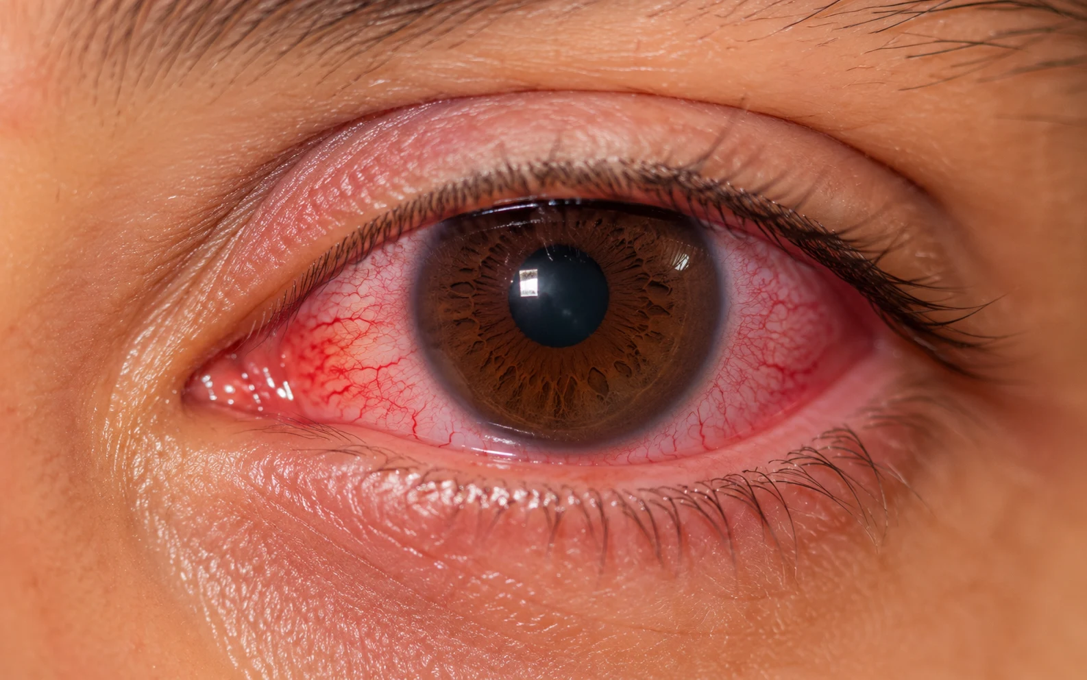 A red, irritated eye representing discomfort before dry eye treatment
