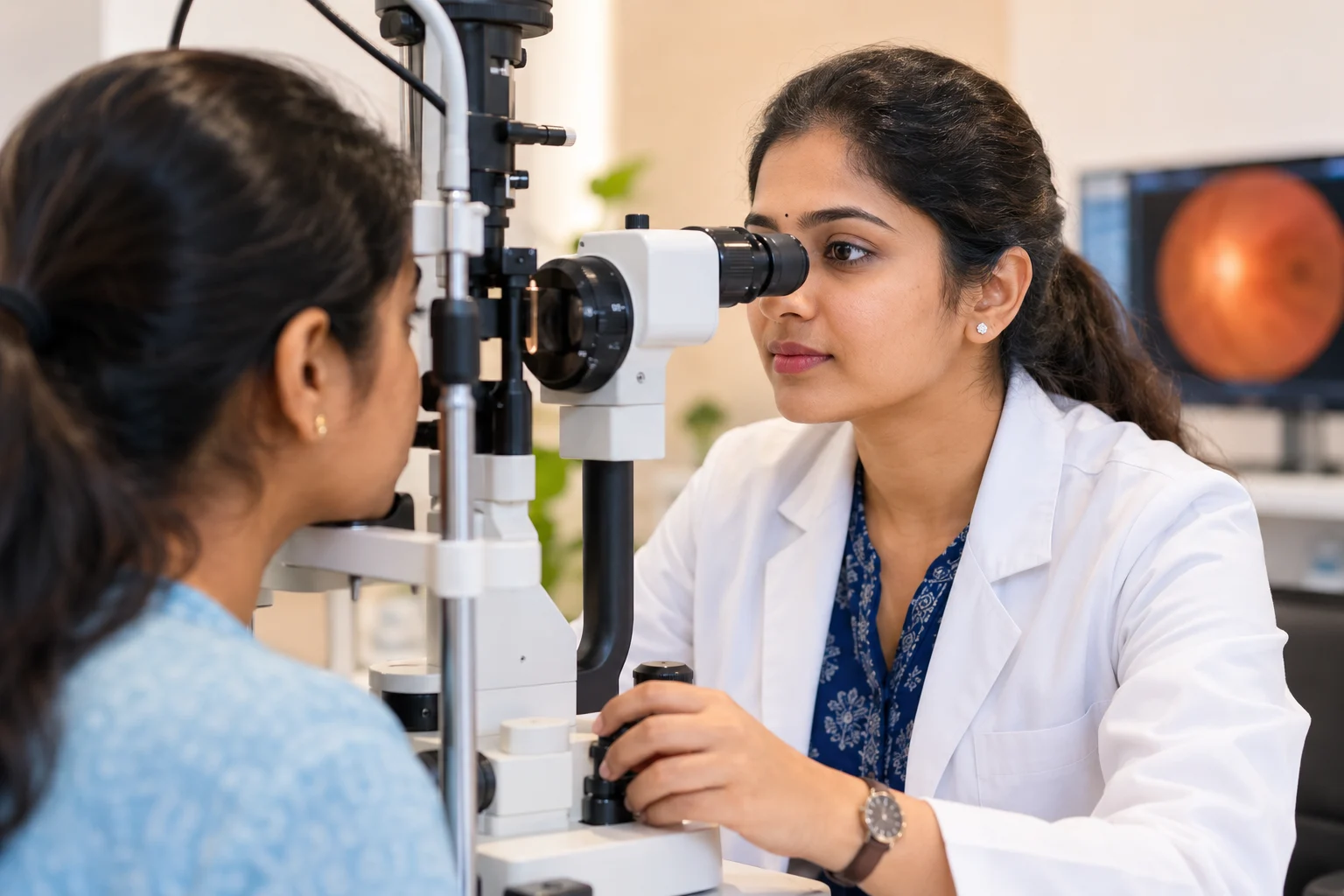 Ophthalmologist examining a patient at Aadithya Eye Care