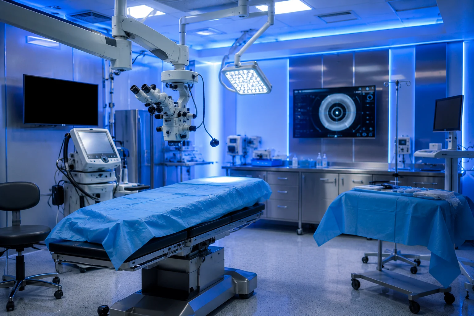 Modern surgical operating theatre with medical equipment and monitoring systems