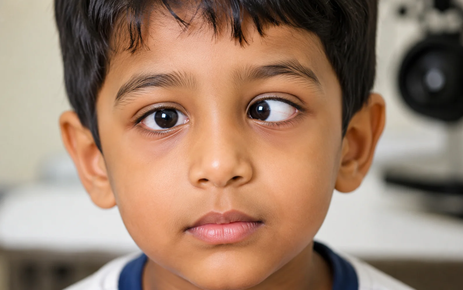 A child's eyes shown with a visible inward turn before squint correction surgery